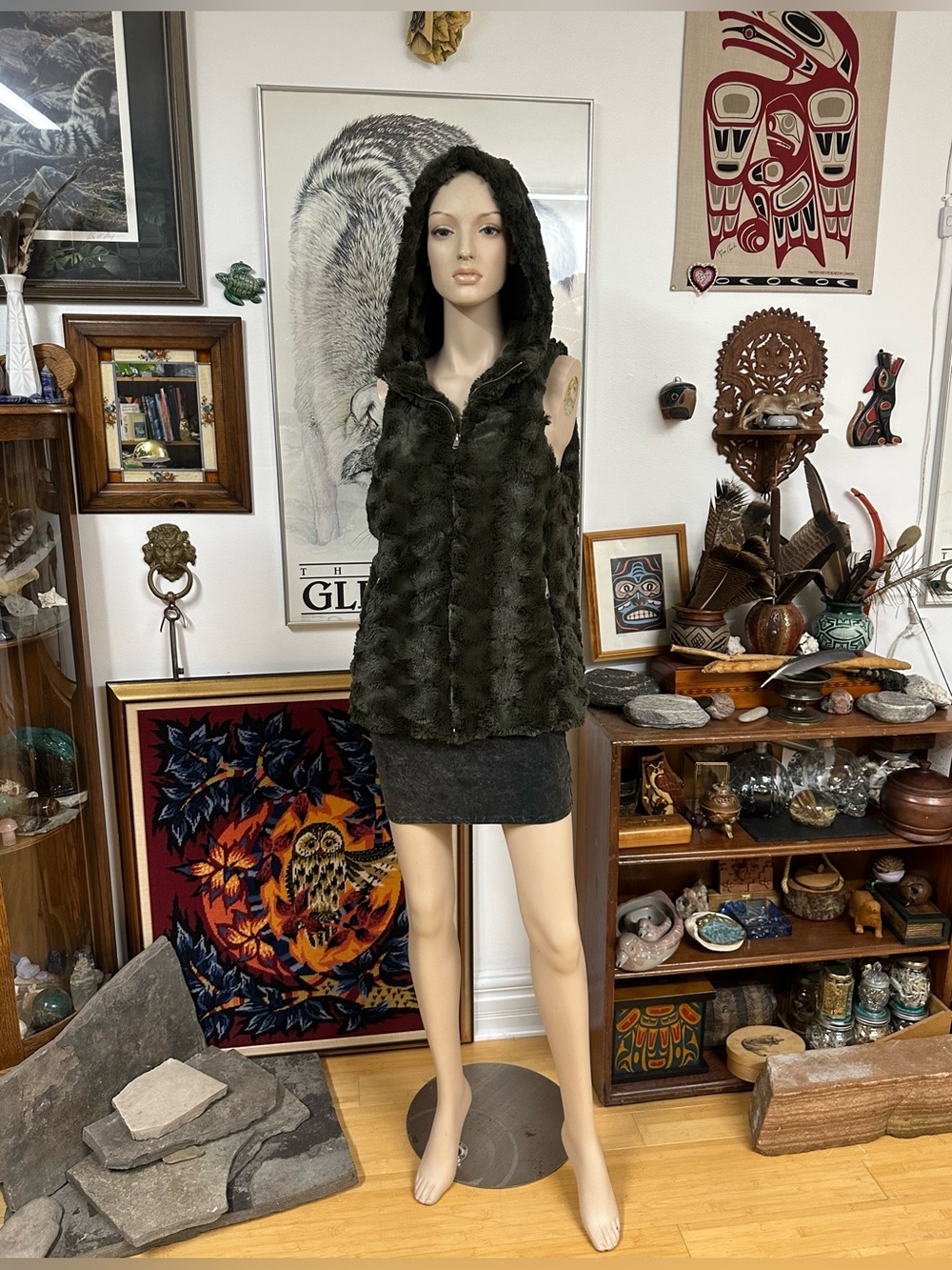 Fluffy Shaggy Dark Green Faux Fur Hooded Vest